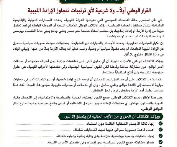 ائتلاف أحزاب ليبية يدعو لإنهاء المرحلة الانتقالية وإجراء انتخابات شاملة